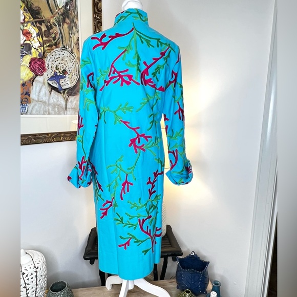 Gretchen Scott Twill Twig Jacket Turquoise Embroidered Button Front Medium - Picture 8 of 13